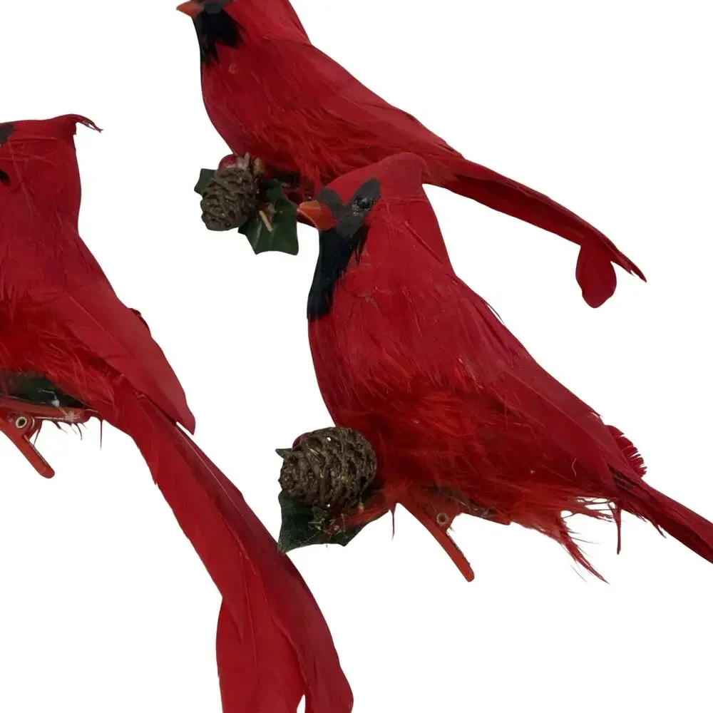 Vtg Lot 7 Flocked Feather Cardinal Birds Wired Feet Clip Christmas Tree Ornament